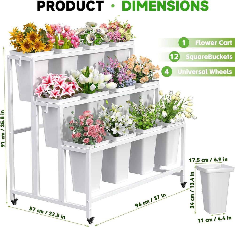 Flower Display Stand with 12 Buckets & Wheels – 3-Tier Mobile Flower Cart...