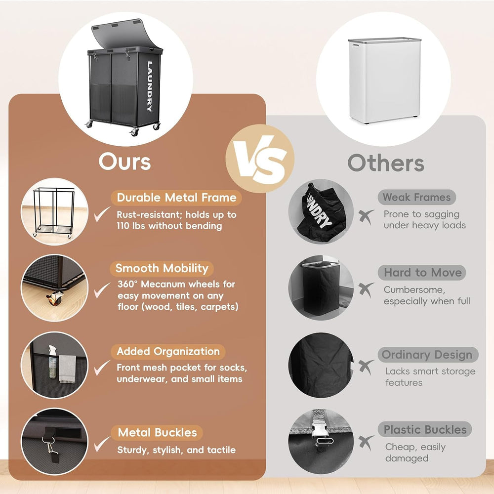 Laundry Hamper with Wheels and Lid, 225L Large Rolling Laundry Basket Gray