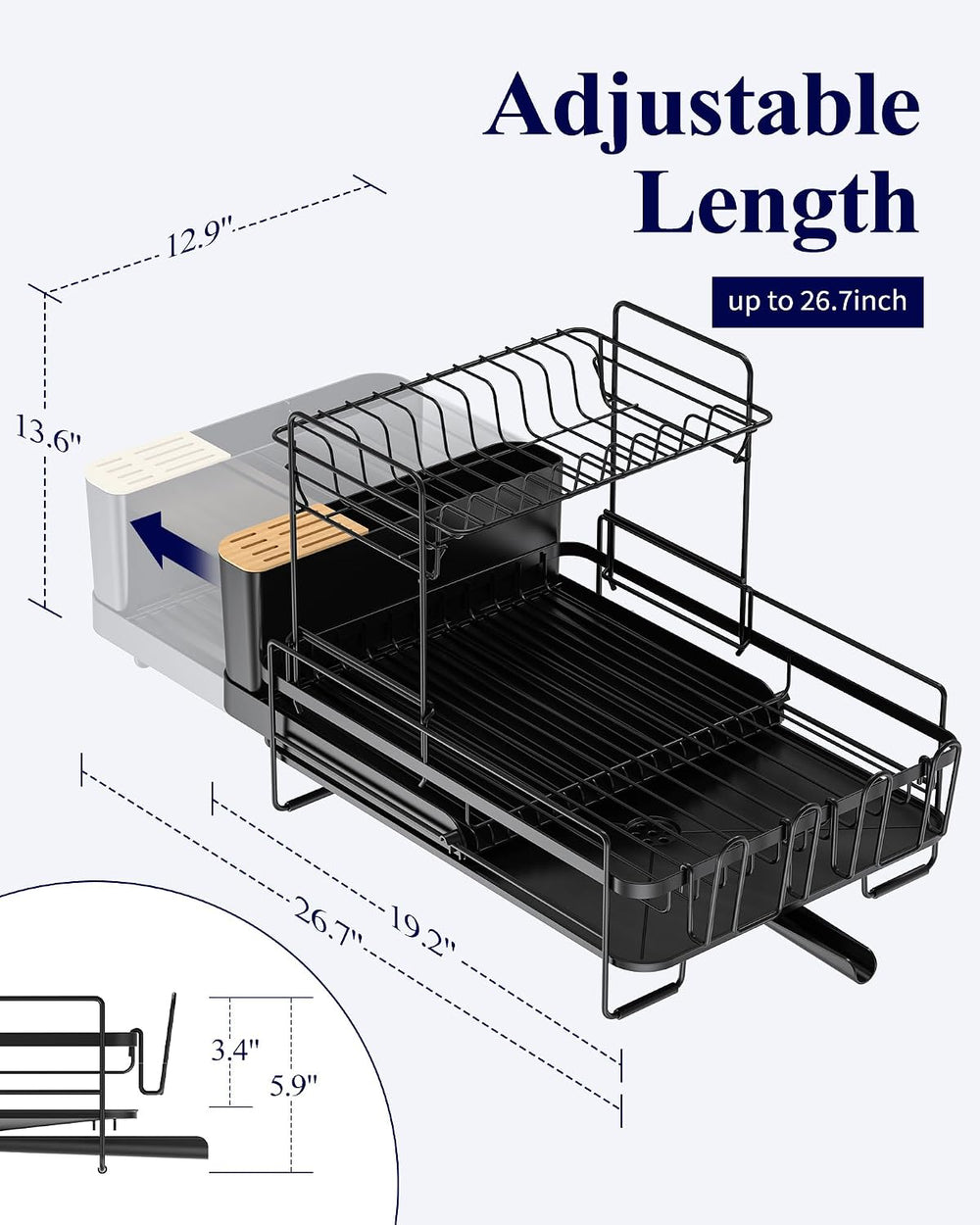 Kitsure Extendable Dish Drying Rack, 19.2"-26.7" L x 12.9" W, ...