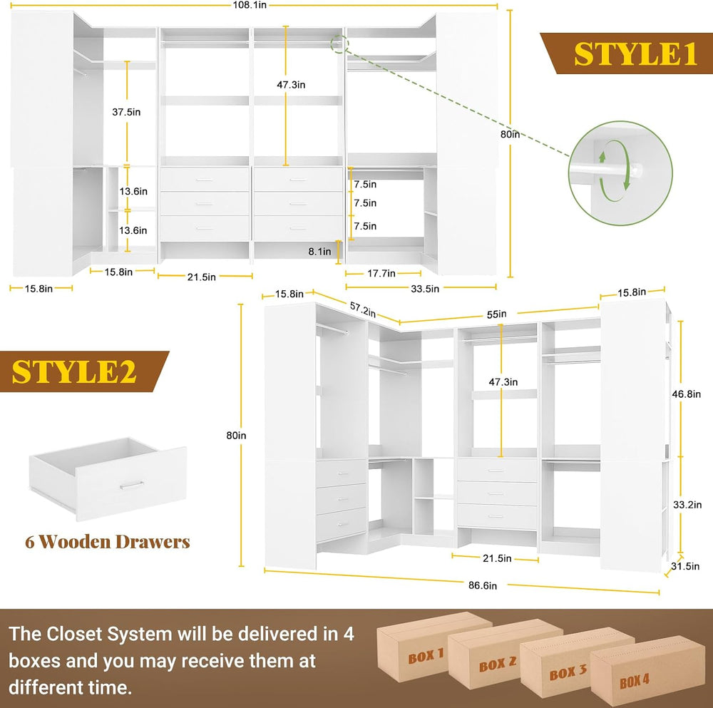 Aheaplus Closet System with Drawer，Hanging Rods， U-Shaped，Set of 4，White