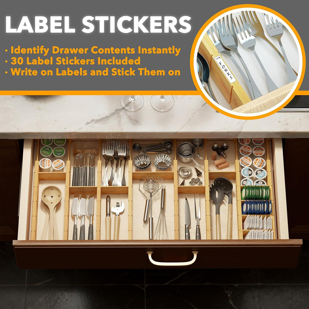 SpaceAid Bamboo Drawer Dividers with Inserts and Labels, Kitchen Adjustable D...