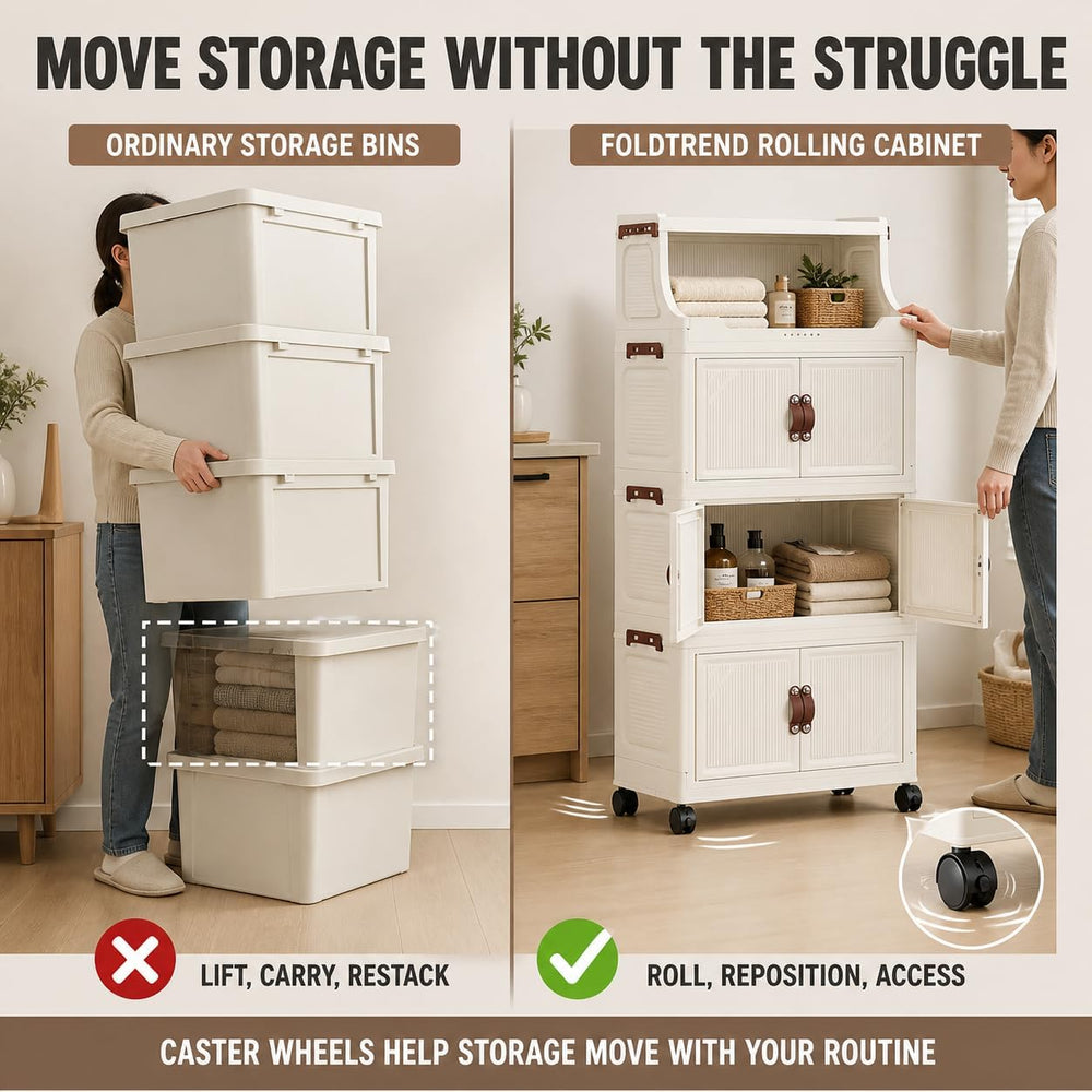 174QT Stackable Storage Bins with Top Lid and Wheels, 4 Tier Foldable Storage...