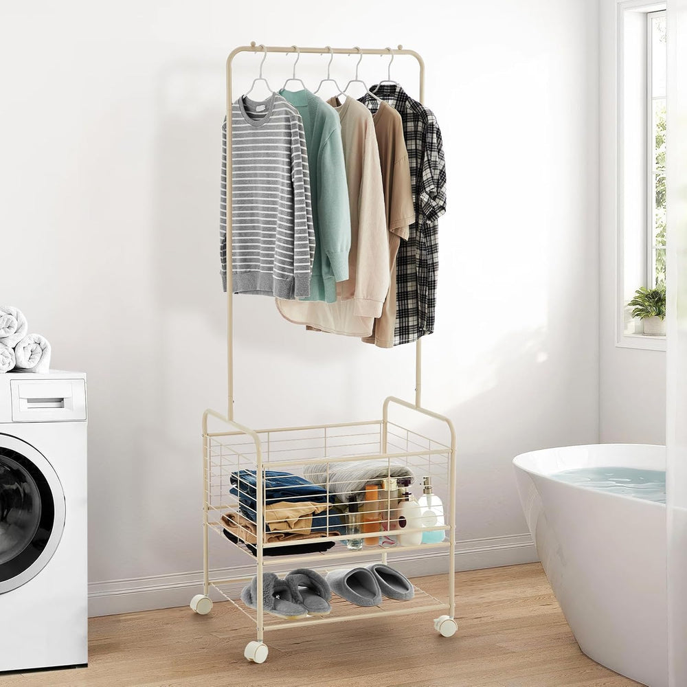 Laundry Cart with Hanging Clothes Rack, Rolling Laundry Cart with Storage Bas...