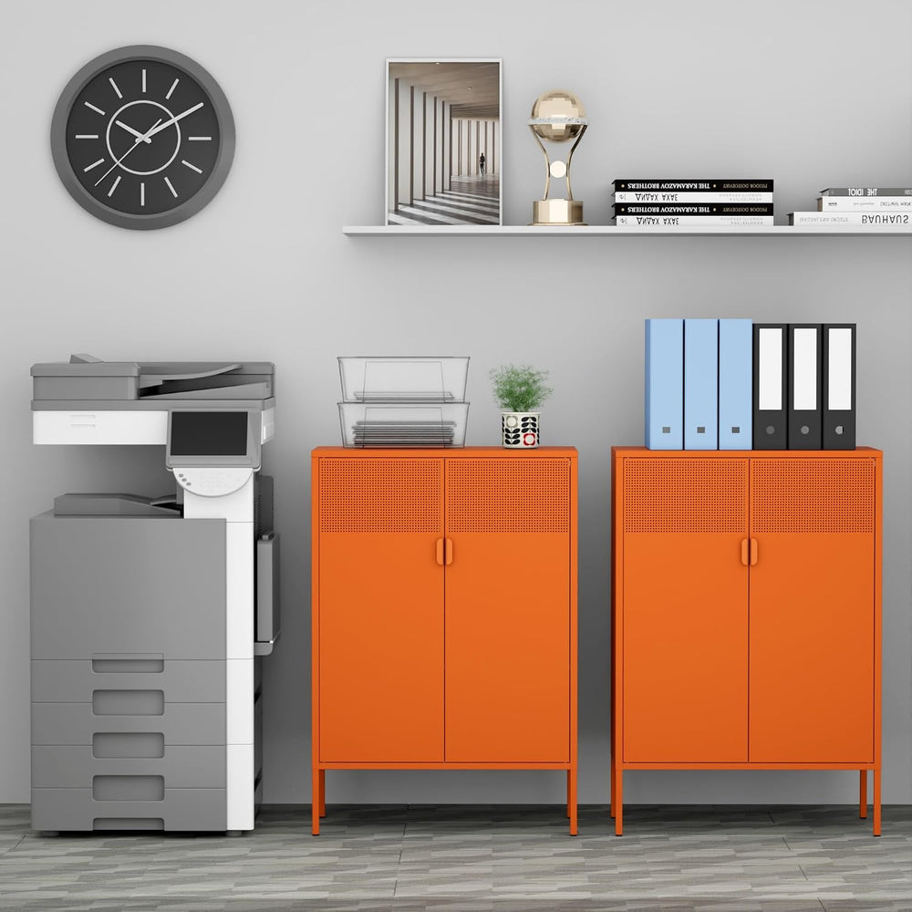 Ustamio Orange 3 Tier Metal Storage Cabinet with Legs, 2 Door Metal Locker St...