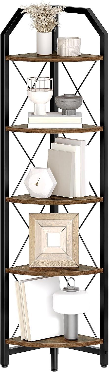 59.4" Corner Shelf, 5-Tier Industrial Corner Bookshelf, Corner Storage S...