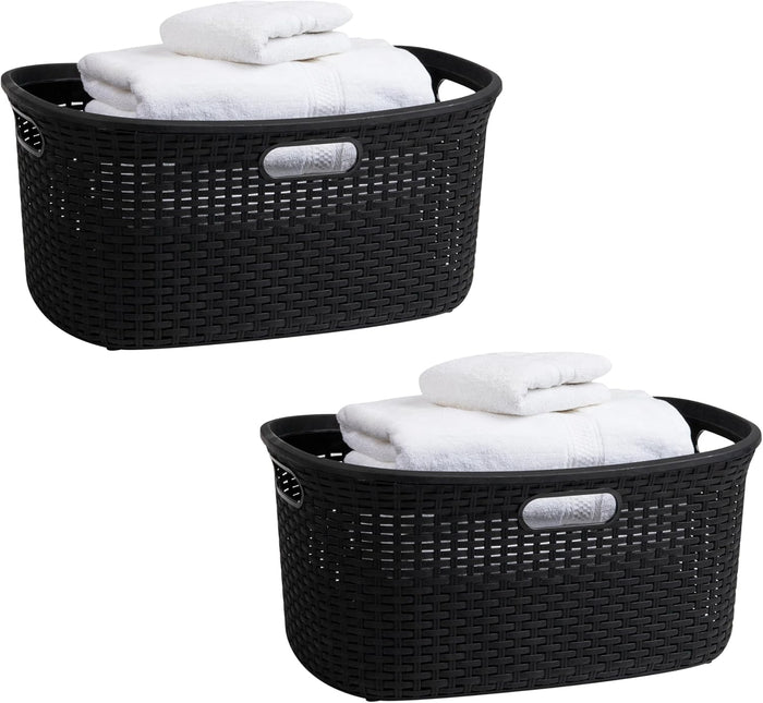 Mind Reader 40L Laundry Basket, Clothes Hamper, Premium Wicker Design, Plastic, Set of 2, Black