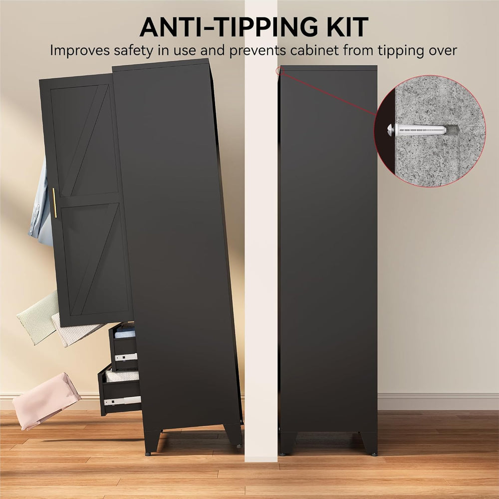 COFaR Black Metal Wardrobe Closet with 2 Drawers, 71" Steel Armoire Cabi...
