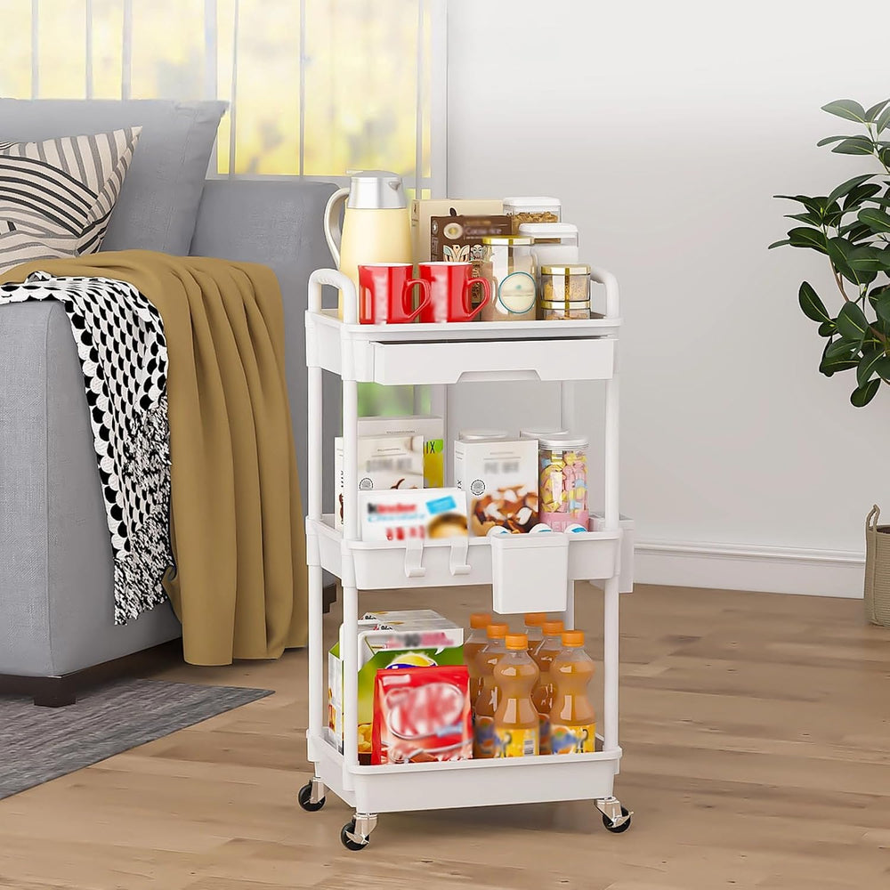 3 Tier Rolling Utility Cart with Drawer, Plastic Storage Organizer Rolling Ca...