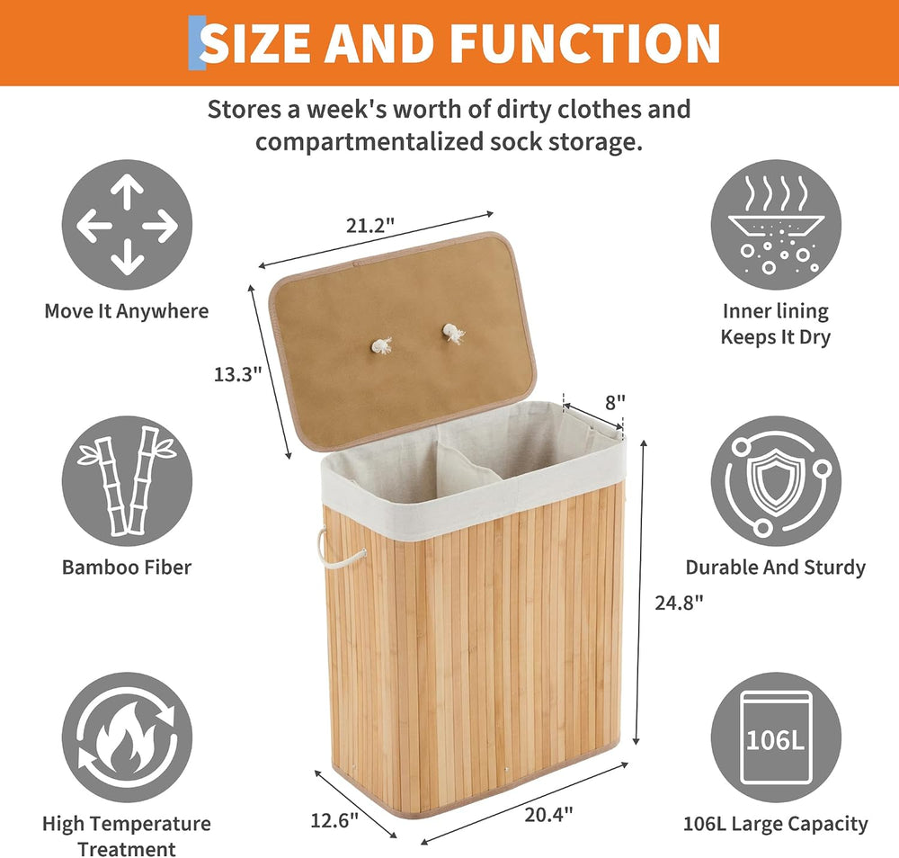 Slim Bamboo Laundry Hamper with Lid, 106L Large Collapsible Wooden Clothes Ba...