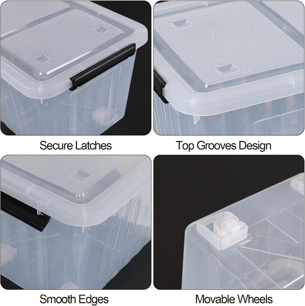 30 L Plastic Storage Bins with Wheels, Clear Latching Box, 4-Pack