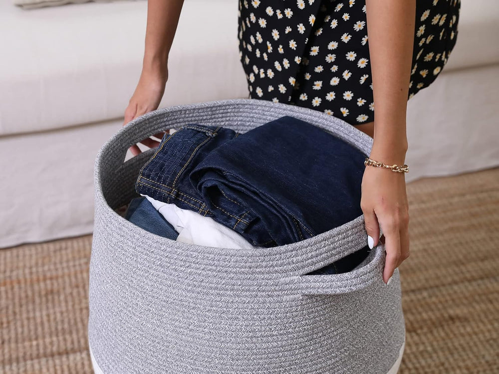 26"x20" Extra Large Tall Woven Laundry Basket with Lid, Cotton Rope...