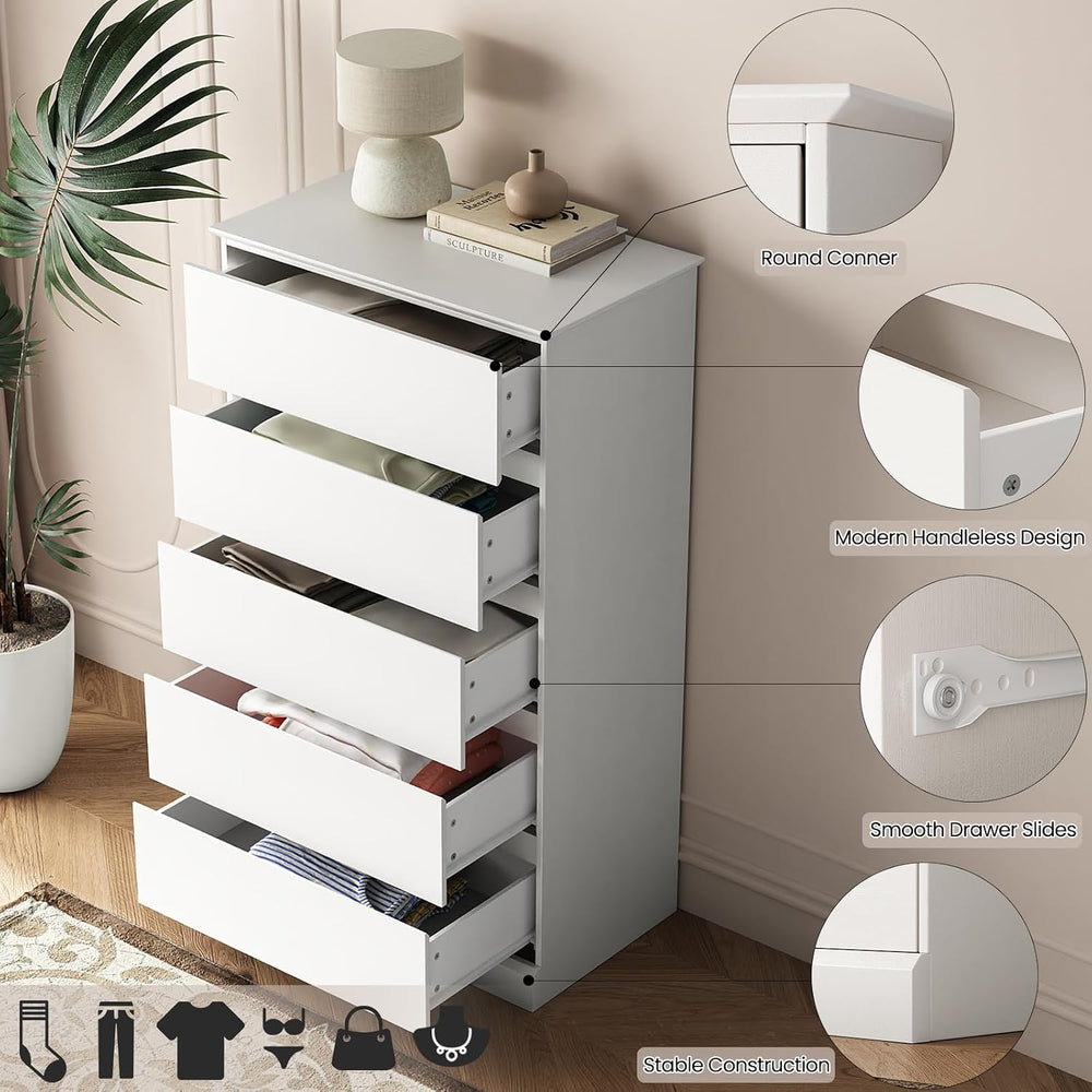 Dresser for Bedroom, Modern Tall White 5 Drawer Dresser, Modern Wood Chest of...