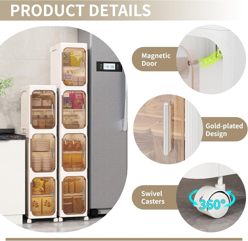 3 Tier Slim Bathroom Storage Cabinet, Foldable and Movable, Beige