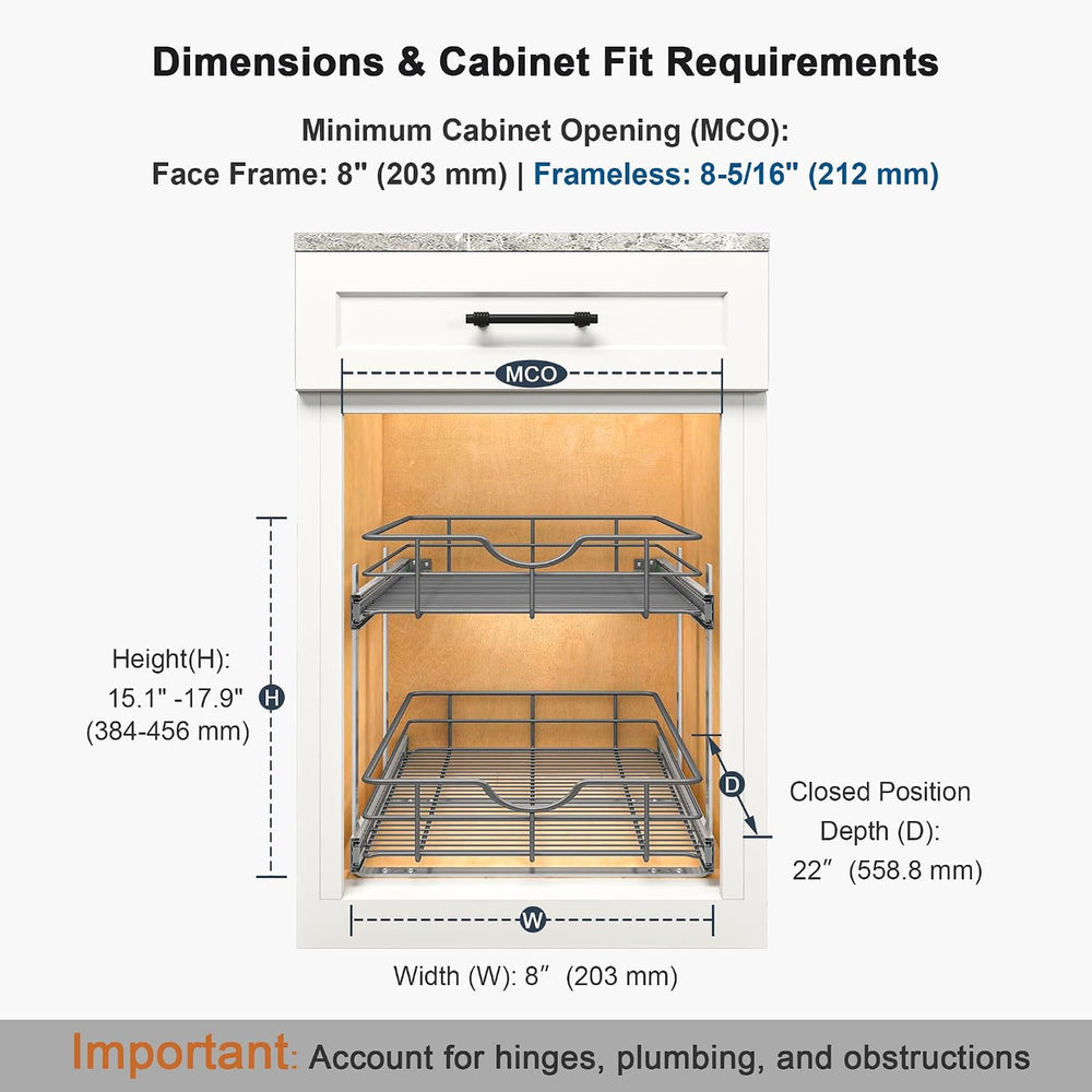 2 Tier Pull Out Cabinet Organizer - 8" W x 22" D Soft Close Slide O...