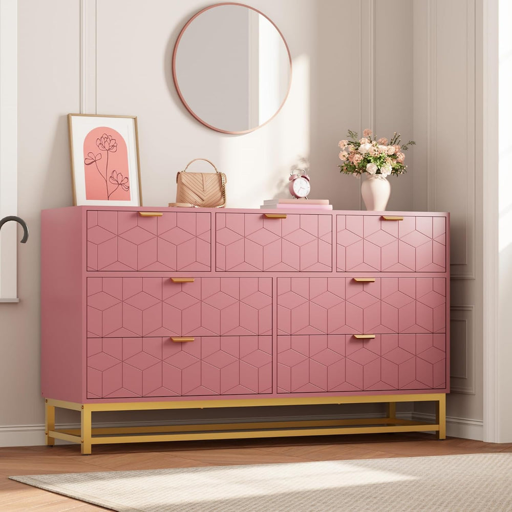 IDEALHOUSE Pink 7 Drawer Dresser for Bedroom, 53.5” Large Dresser with Metal ...