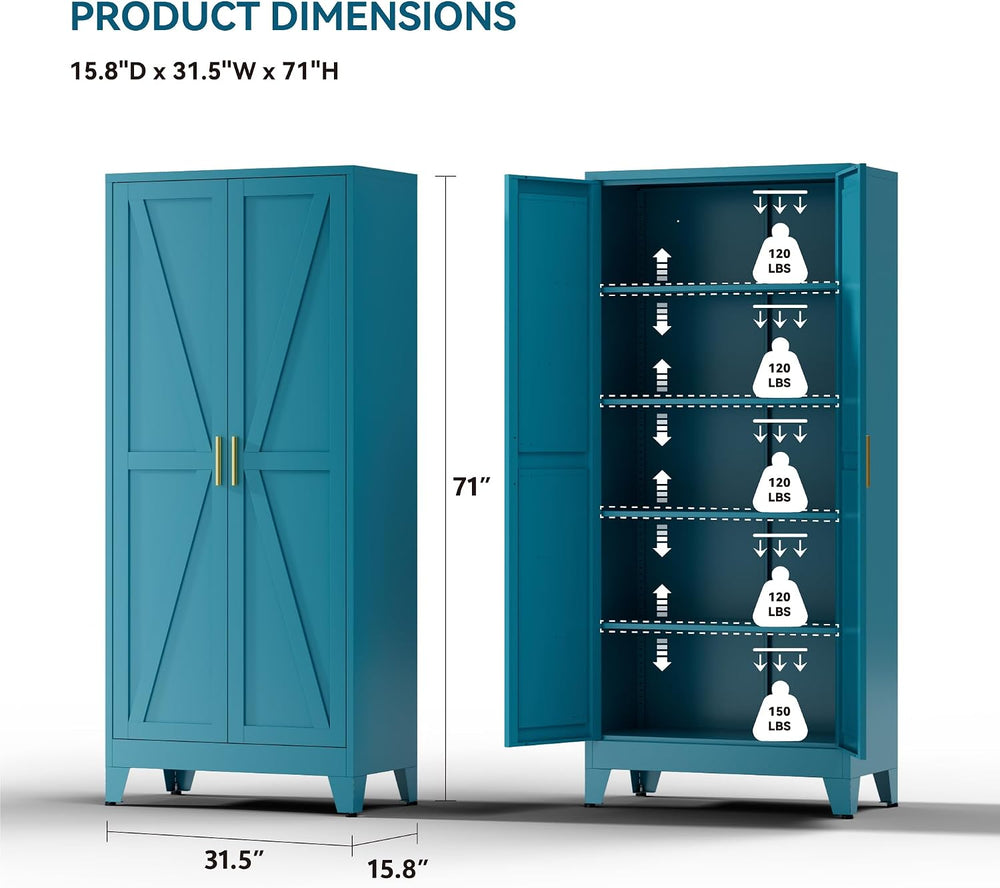 Farmhouse Pantry Cabinet with Barn Doors, 71" H x 31.5" W, 5-Tier M...