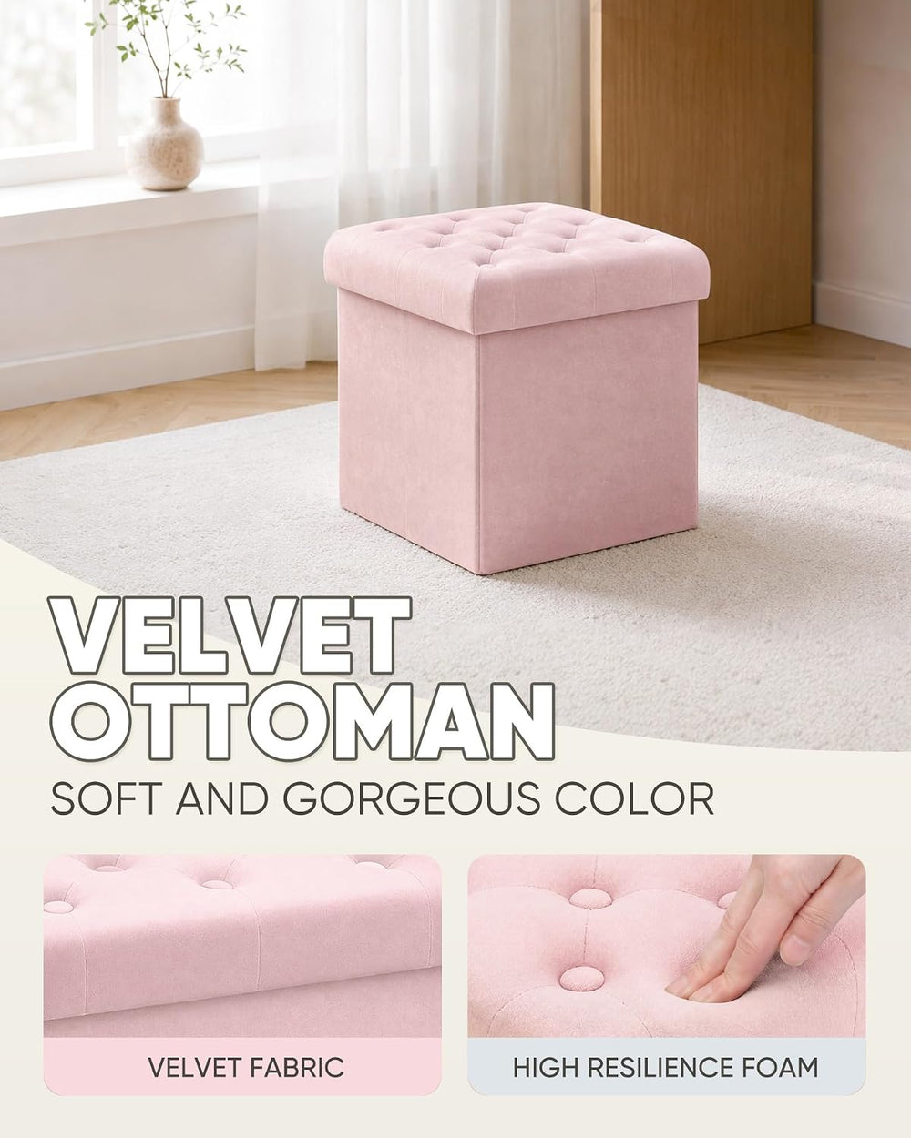 B FSOBEIIALEO Storage Ottoman Cube, Velvet Tufted Folding Ottomans with Lid, ...
