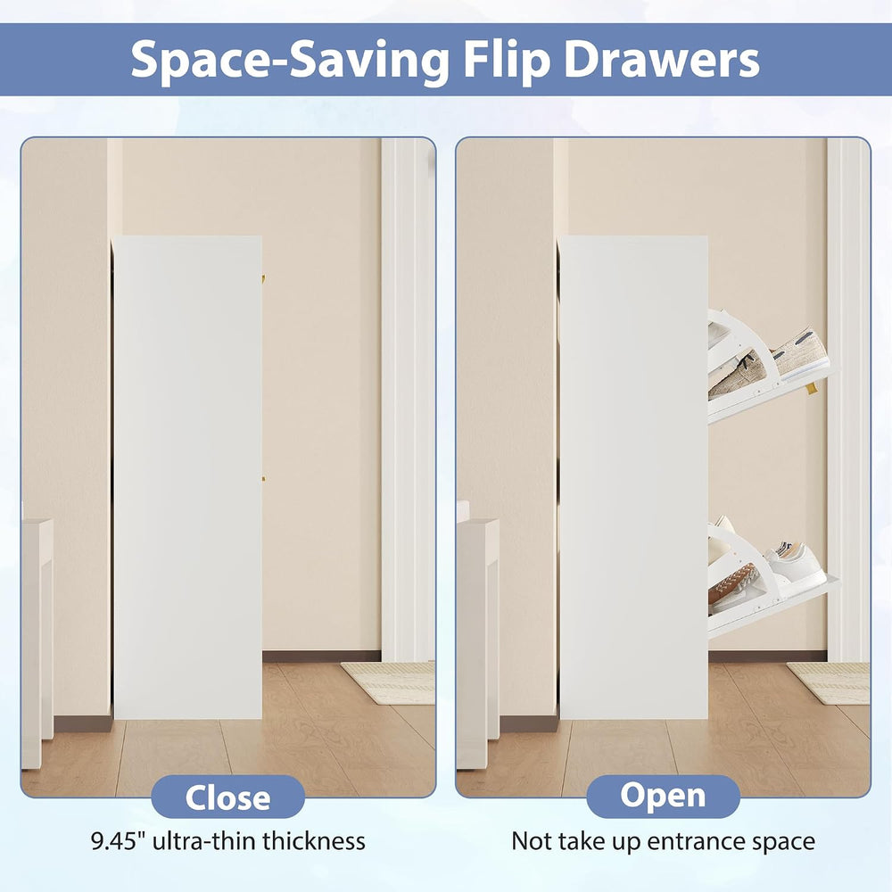 Shoe Cabinet Storage with 2 Flip Drawers and Closed Base, White丨Hidden Shoe O...