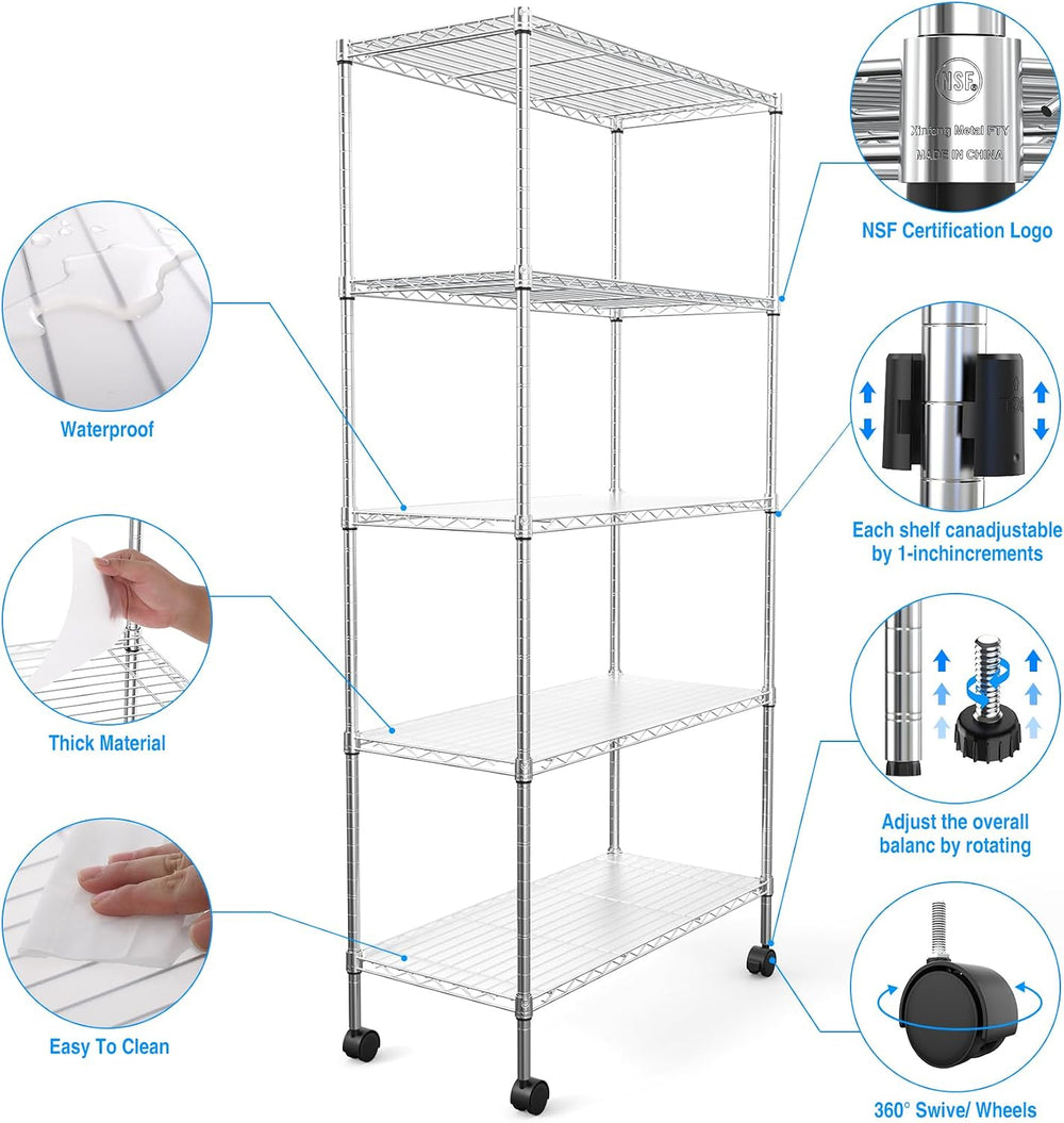 pouseayar 5 Tier NSF Metal Shelf Wire Shelving Unit, 750lbs Capacity Heavy Du...