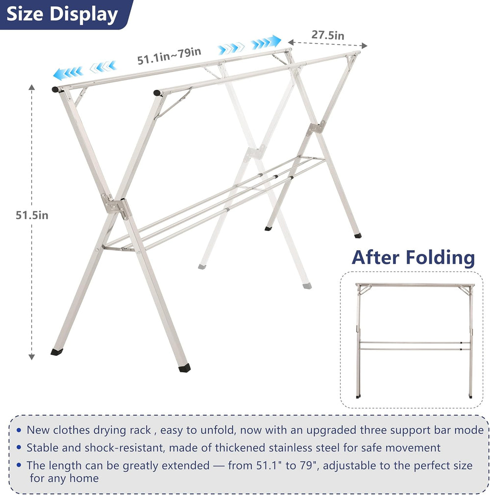 79 inches Foldable Clothes Drying Rack, Stainless Steel Indoor Outdoor Use
