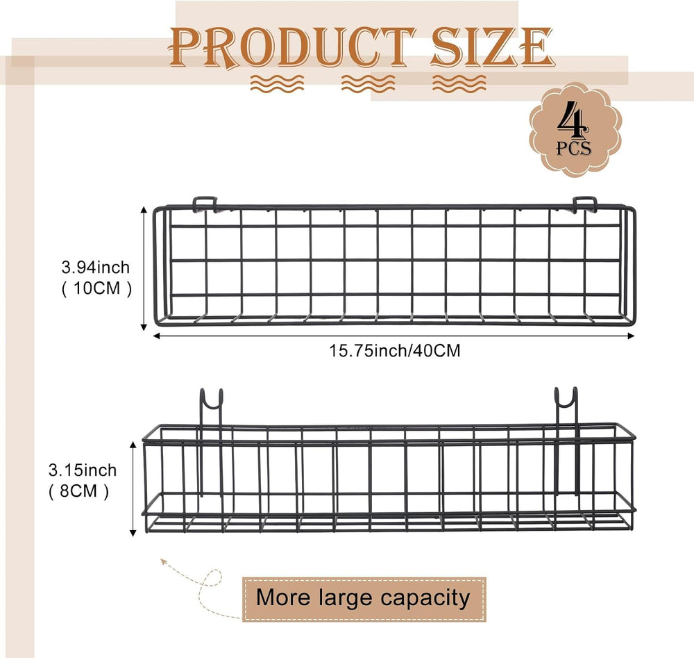 Black 4 Pack Grid Wall Hanging Baskets with 16 S Hooks, 15.8 x 3.9 x 3.2 Inch...