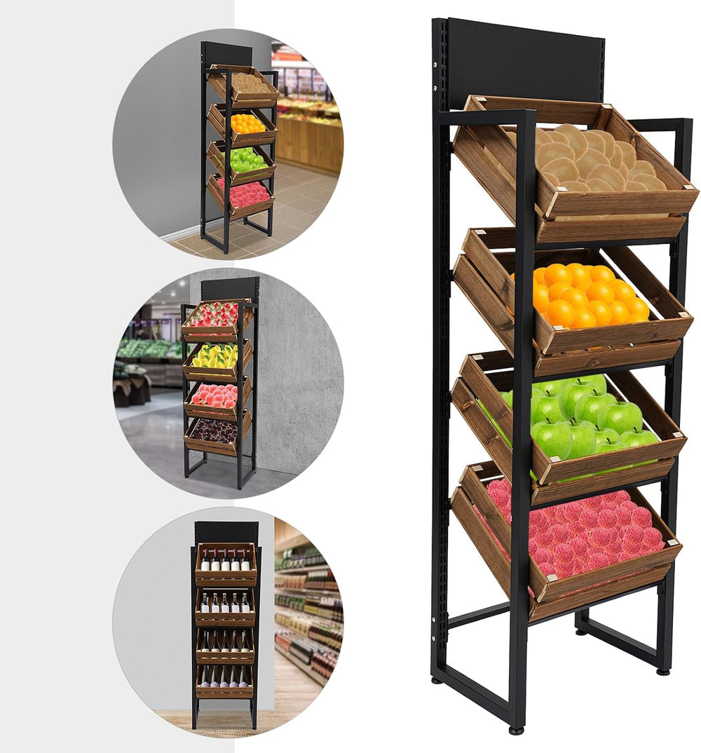 Market Retail Display Rack, 4-Tier Wood Fruit and Vegetable Storage Rack Reta...