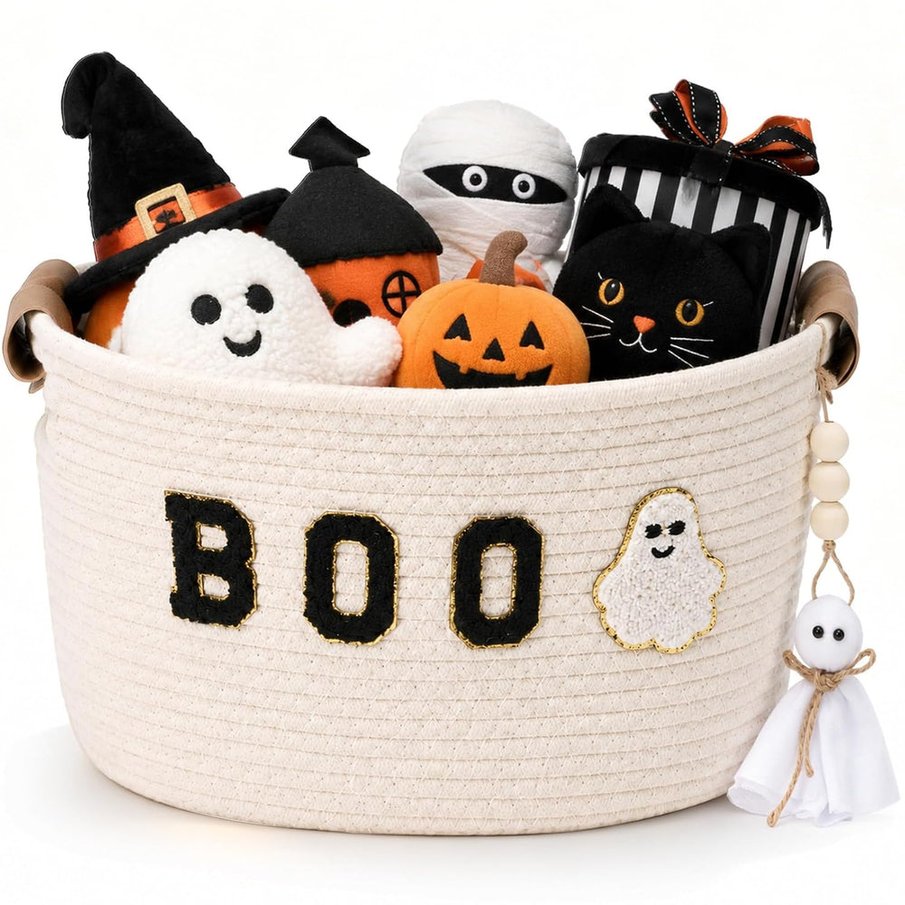 Halloween Woven Rope Basket with Mini Ghost Ornament