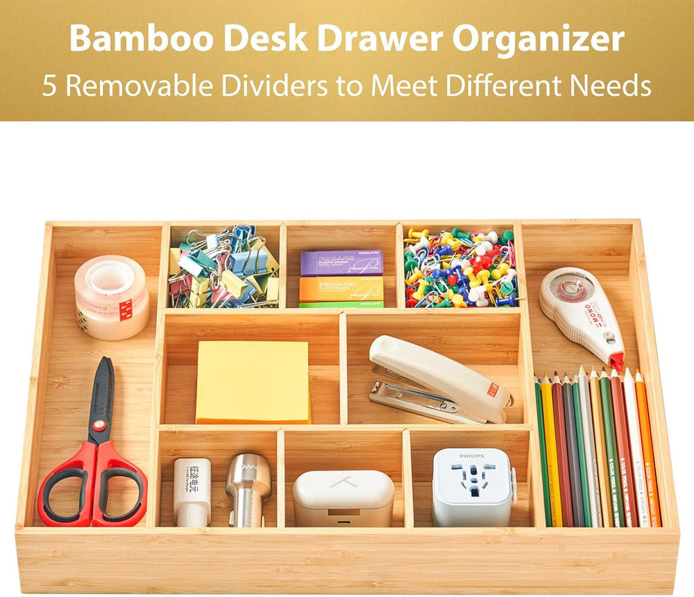 Extra Large Bamboo Desk Drawer Organizer, Wood Junk Organizer Tray with Adjus...