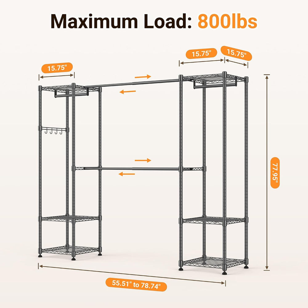 Homdox Heavy Duty Garment Rack, Expandable Freestanding Closet Organizer with...