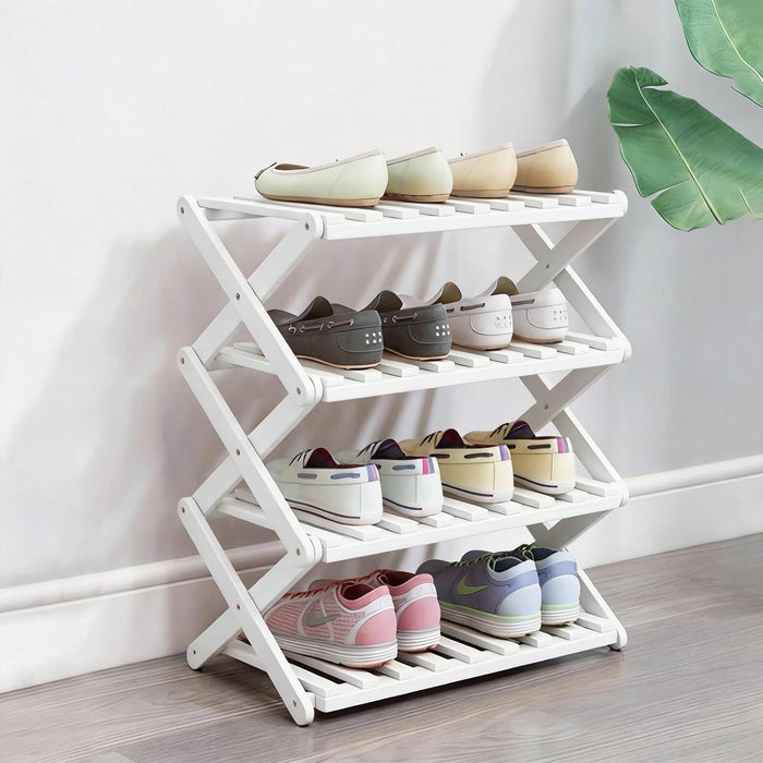 4 Tier Bamboo Shoe Rack White,Portable Folding Shoe Storage Rack,Without Installation Small Shoe Rack Perfect for Corridors, Drom, Bedrooms and Small Spaces