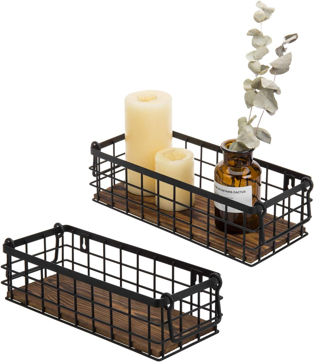 MyGift Set of 2 Black Metal Wire Baskets with Burnt Wood Base Handles