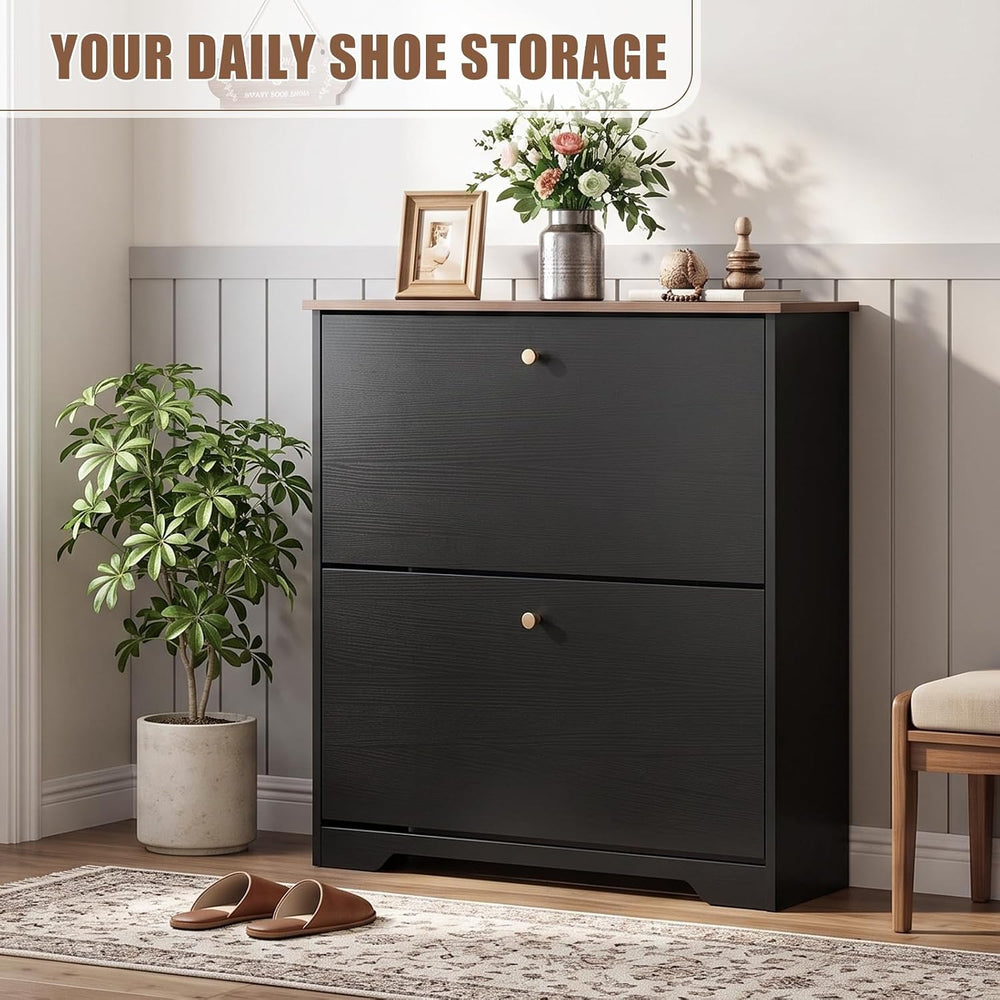 Nicetree Shoe Cabinet, 2 Flip Drawers Slim Black Walnut Top Entry Storage