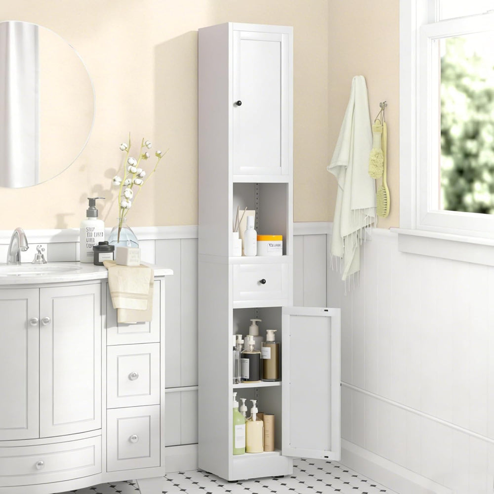 71" Tall Bathroom Storage Cabinet, Slim Corner Cabinet with 2 Doors, White