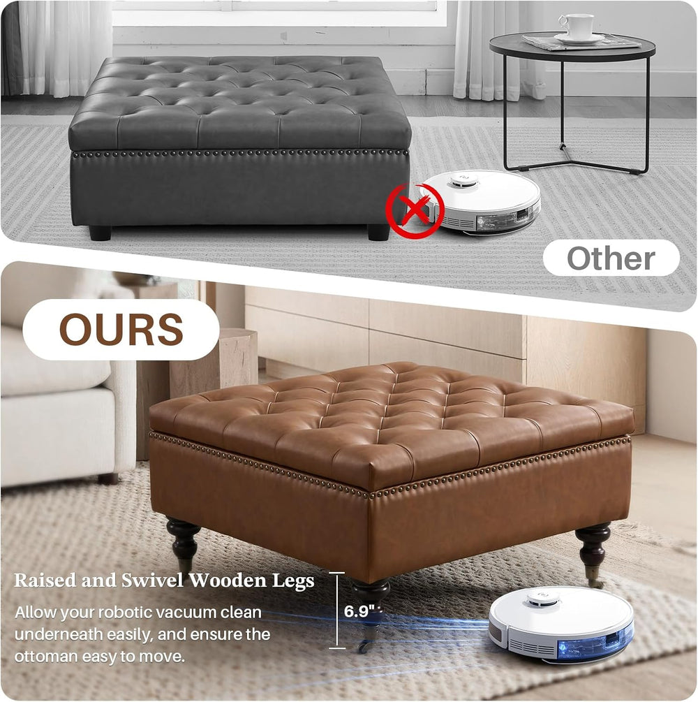 Square Ottoman Coffee Table, Large Leather Ottoman with Storage