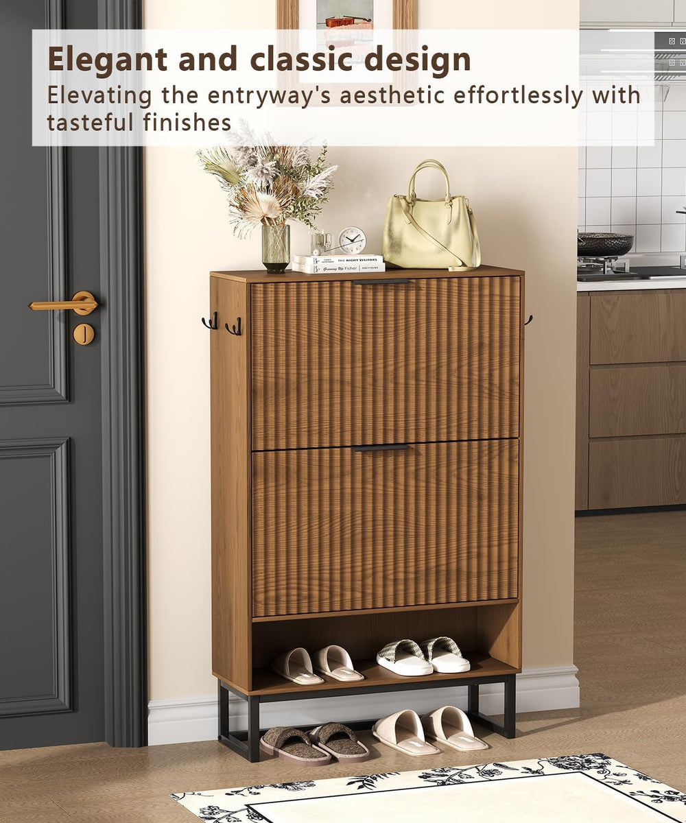 Akxomel Fluted Shoe Storage Cabinet, Narrow Hidden Shoe Rack Cabinet with Met...