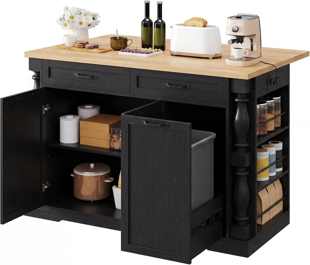 48" Kitchen Island with Trash Can Storage & Drop Leaf, Traditional