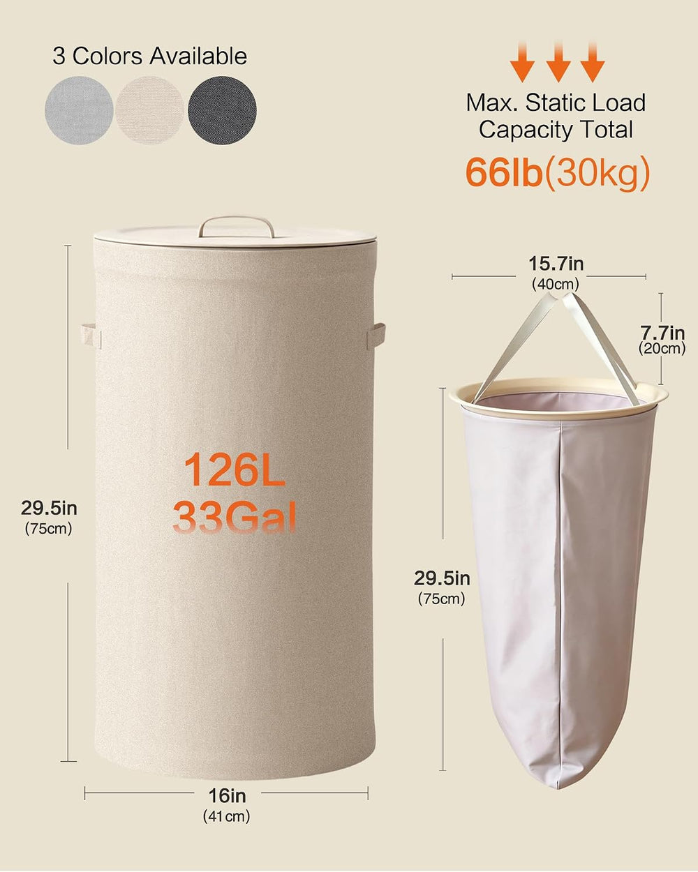 126L Laundry Basket with Lid, Laundry Hamper, Laundry Room, Beige
