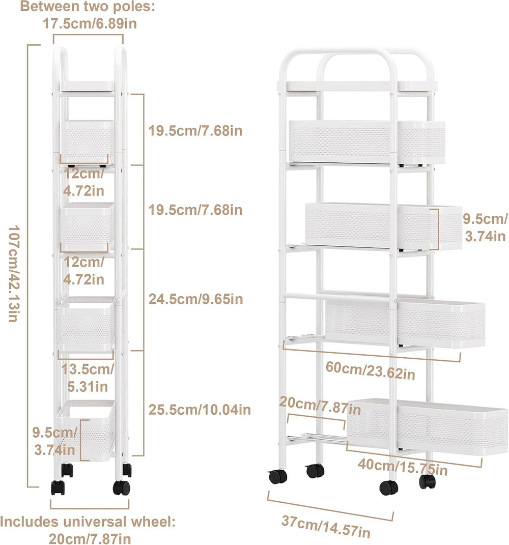 UMDONX 5-Tier Narrow Mobile Storage Cart with Pull-Out Baskets