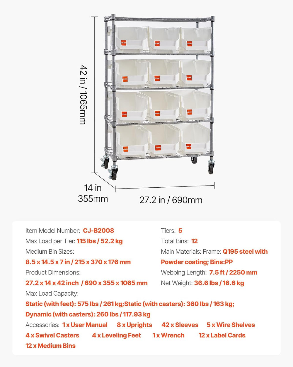 VEVOR 5-Tier Rolling Bin Storage Rack, 12 Organizer Bins, Bin Rack Storage St...