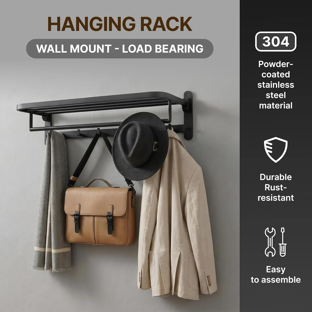 ROSHAN 24 Inch Foldable Towel Rack with Shelf, Wall Mounted, Matte Black