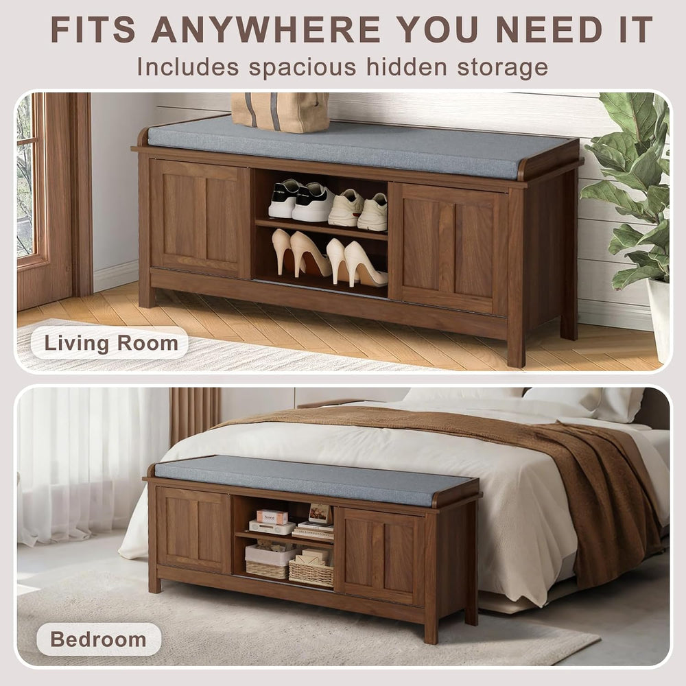 Shoe Storage Bench with Sliding Doors & Adjustable Shelves