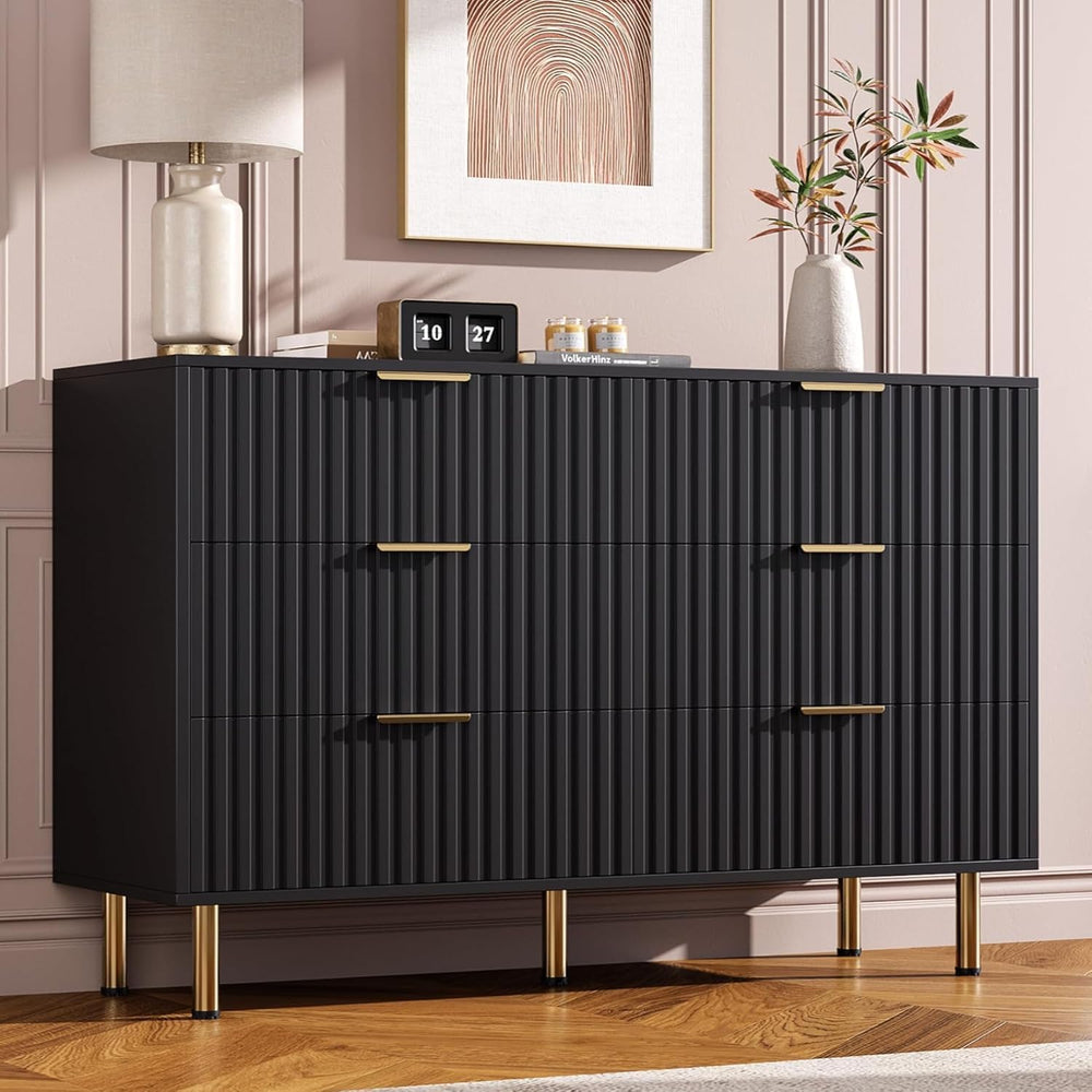GarveeHome 47.2" Fluted Black 6 Drawer Dresser for Bedroom with Deep Drawer