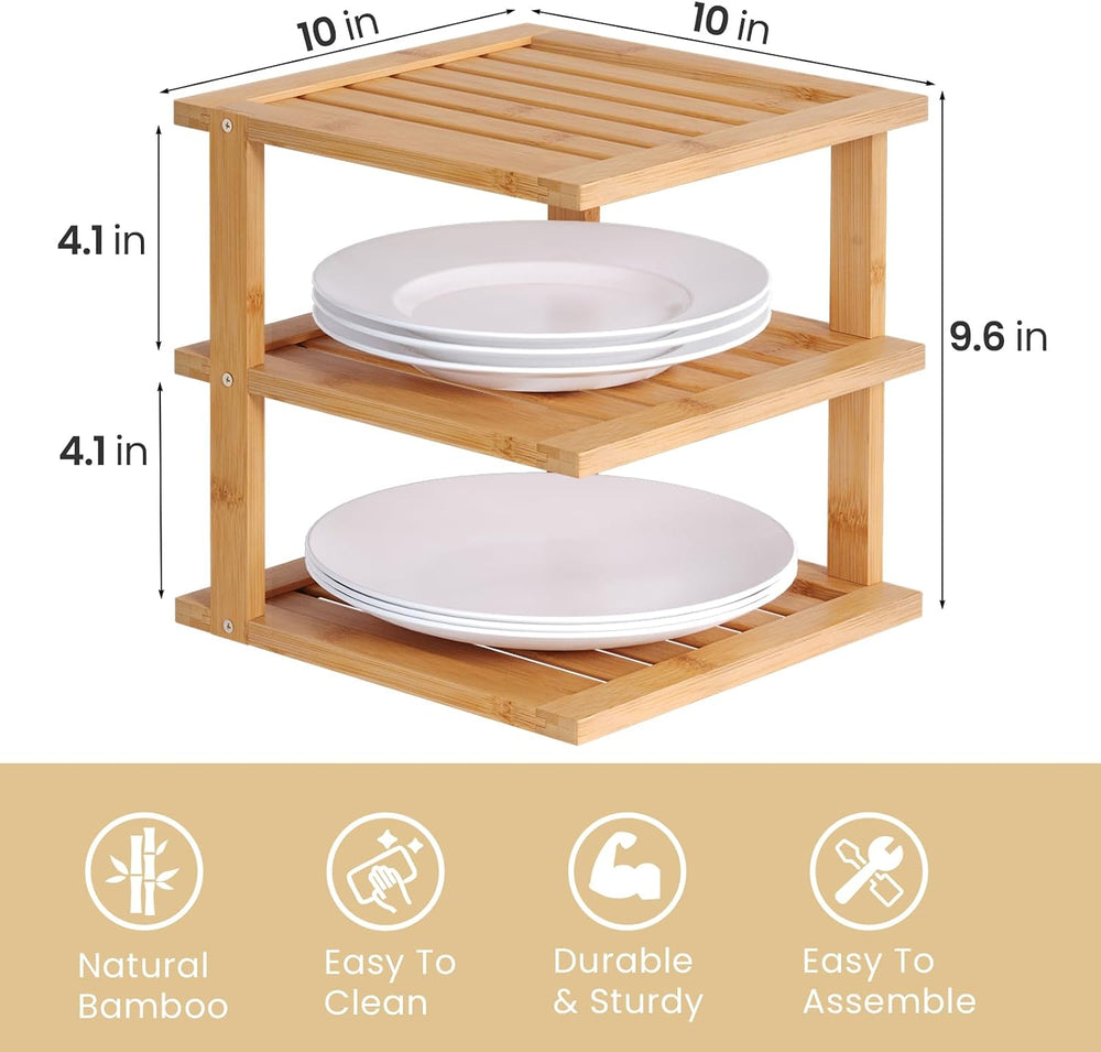 4 Pack Bamboo Corner Shelf,3 Tier Kitchen Cabinet Organizer for Plates and Di...