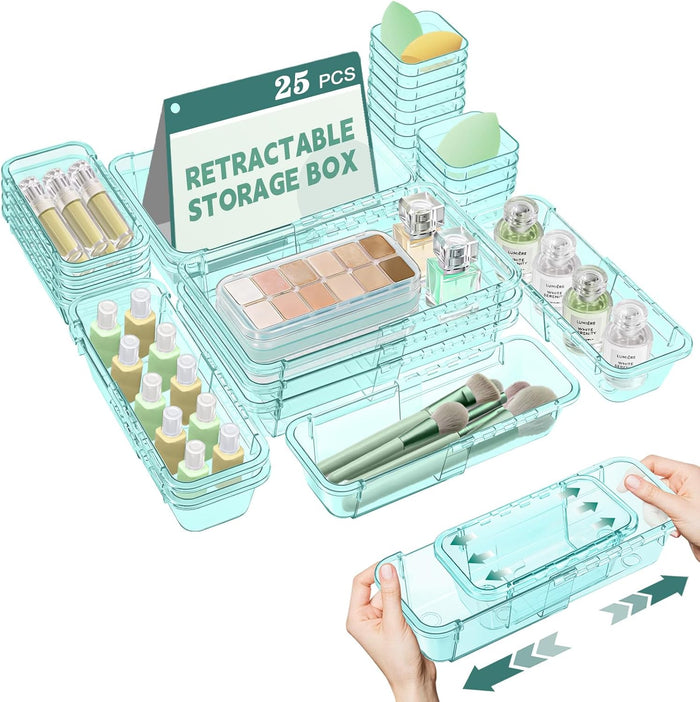 25 Pcs Clear Drawer Organizer, Adjustable Drawer Storage Box, 3-Size Desk Drawer Organizer, Acrylic Storage Bins for Makeup, Kitchen Utensils, Bedroom Dressers Tool Organizer for Gadgets, Blue