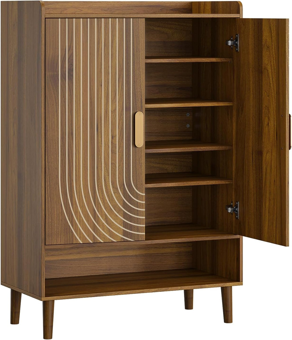 Smuxee Walnut Shoe Cabinet with Line Groove Design, 6-Tier Shoe Storage Cabin...
