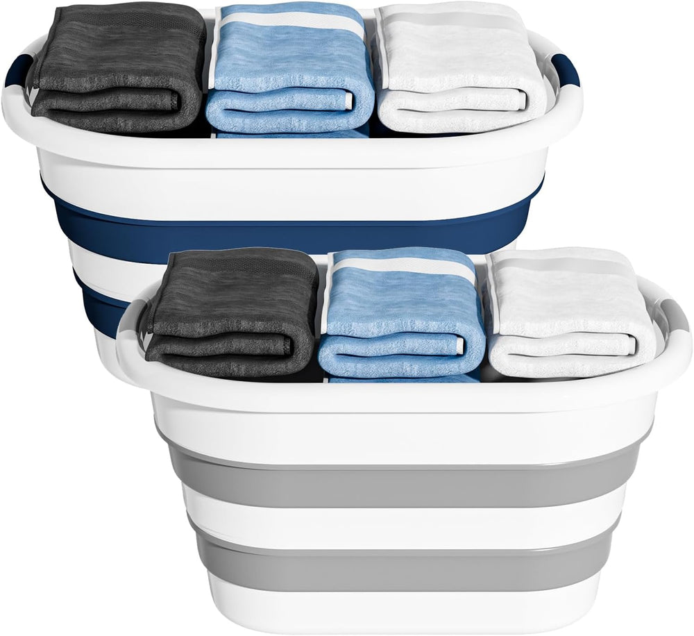 OOAMBB 43L Collapsible Laundry Baskets Plastic (Blue+Grey, 2 Packs)