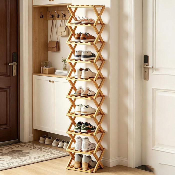 10 Tier Bamboo Shoe Rack, Foldable 10 Tier Bamboo Corner Shoe Rack,Small Shoe Rack for Hallways, Bedrooms, and Compact Spaces