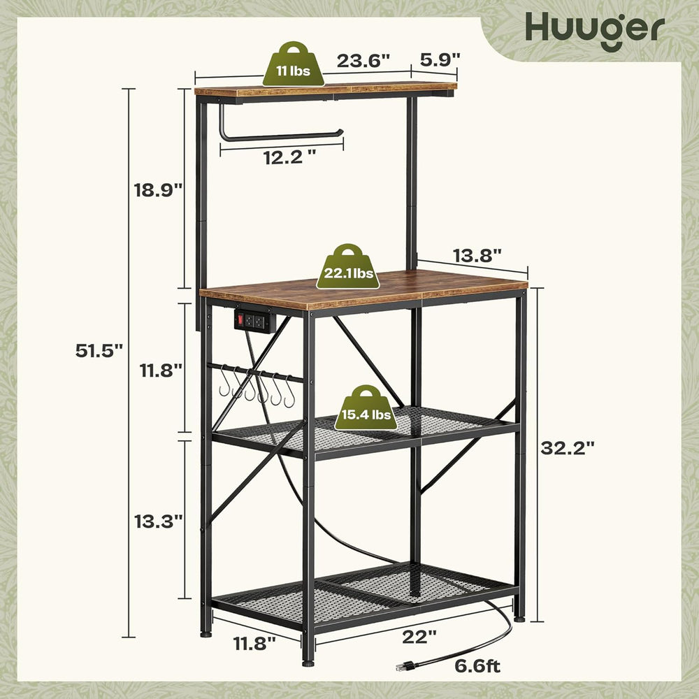 Huuger 4-Tier Bakers Rack with Reversible Power Outlet, 23.6 Inch Microwave S...