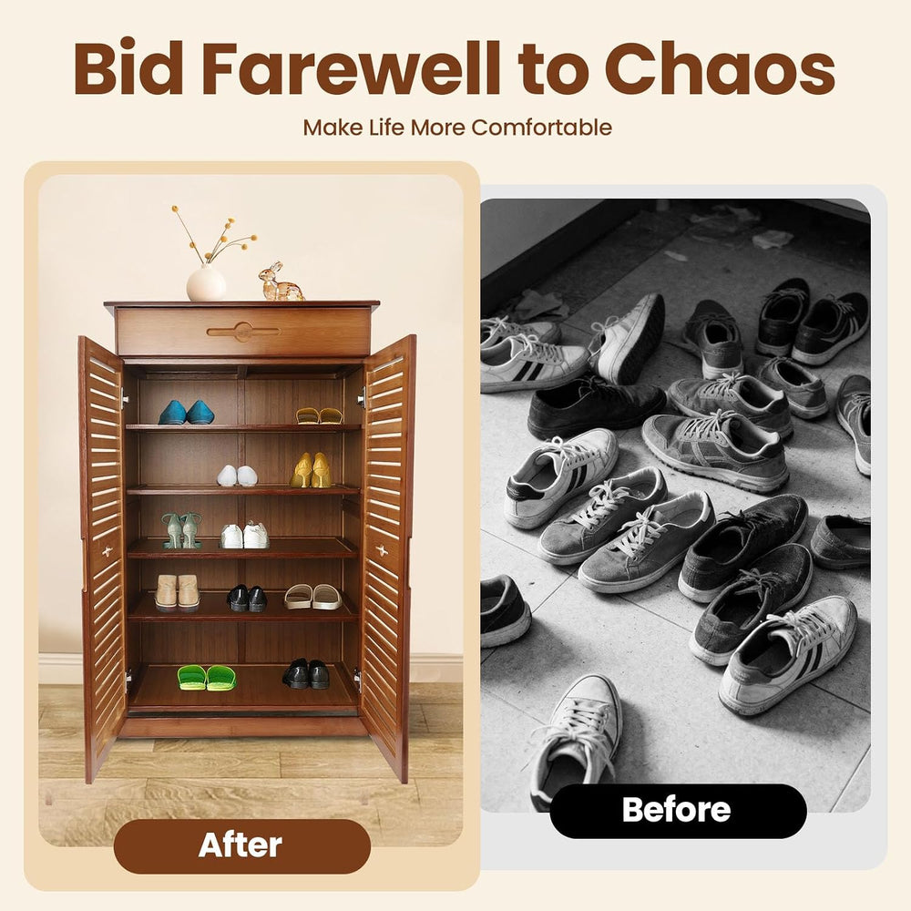 5 Tier Shoe Cabinet with Drawer, Bamboo Shoe Cabinet Organizer with Door, Ret...