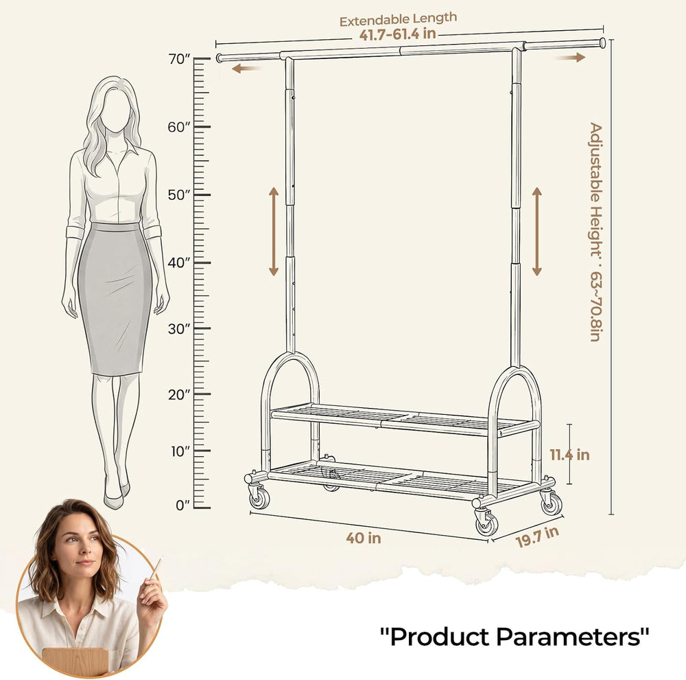Heavy Duty Metal Clothes Rack Load 586 LBS, Height‑Adjustable Rolling Garment...